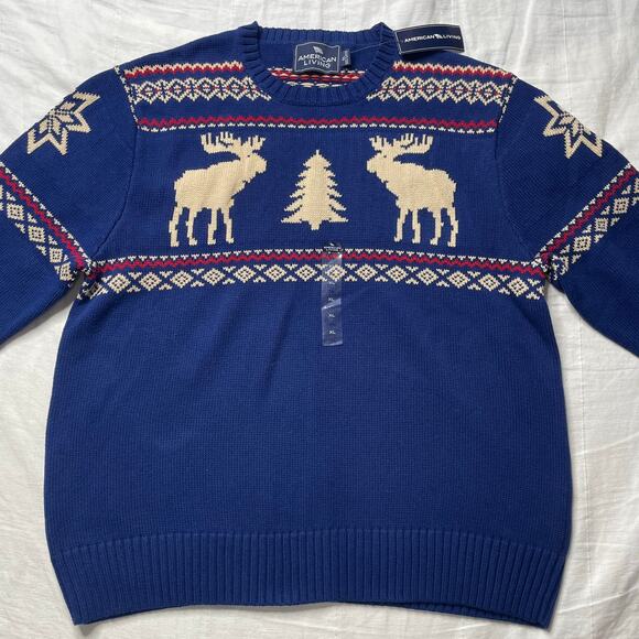 NWT American Living Blue Nordic Fair Isle Knit Sweater Men's XL Moose Cotton - Picture 2 of 6